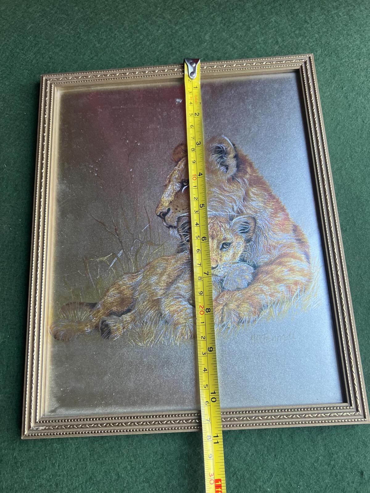 Lion and cub foil art framed picture. 1980s Retro signed M Fenelle print.