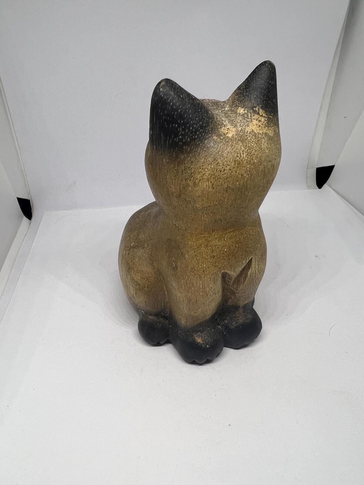 Vintage hand carved wooden cat figurine. Naive Folk art hand painted quirky kitten.