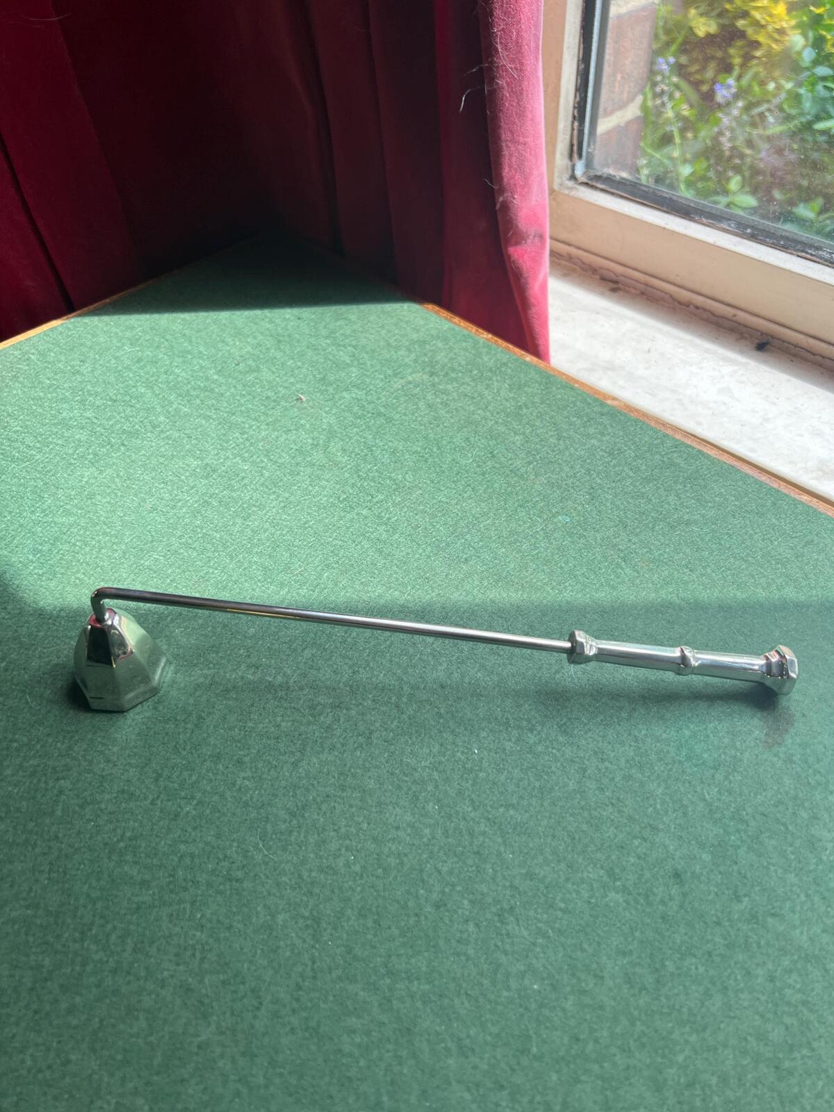 Vintage chrome silver metal candle snuffer. Stainless steel candle extinguisher.