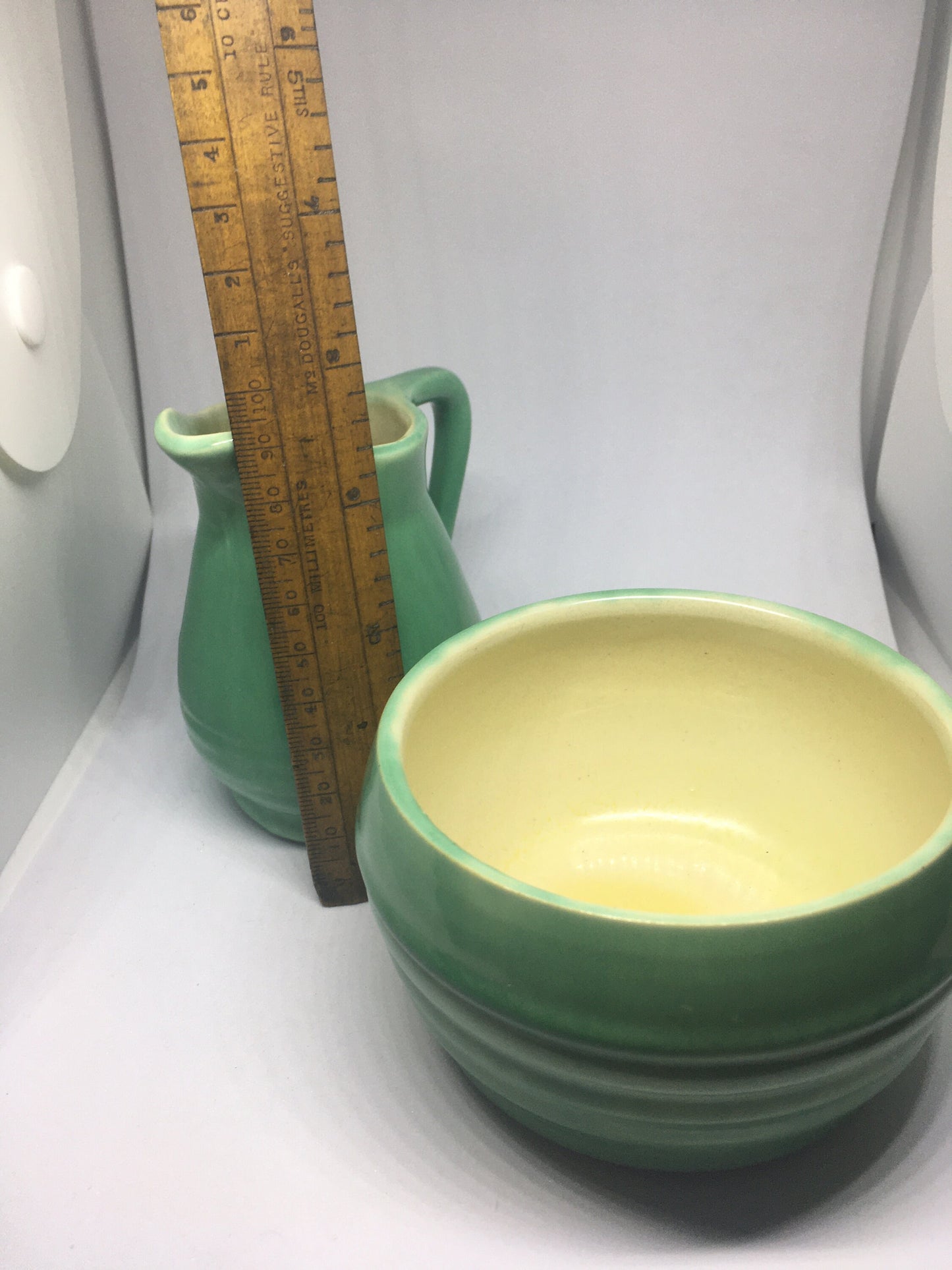 Vintage Govancroft sugar milk jug. Green glazed Art Deco style breakfast set. Scottish pottery