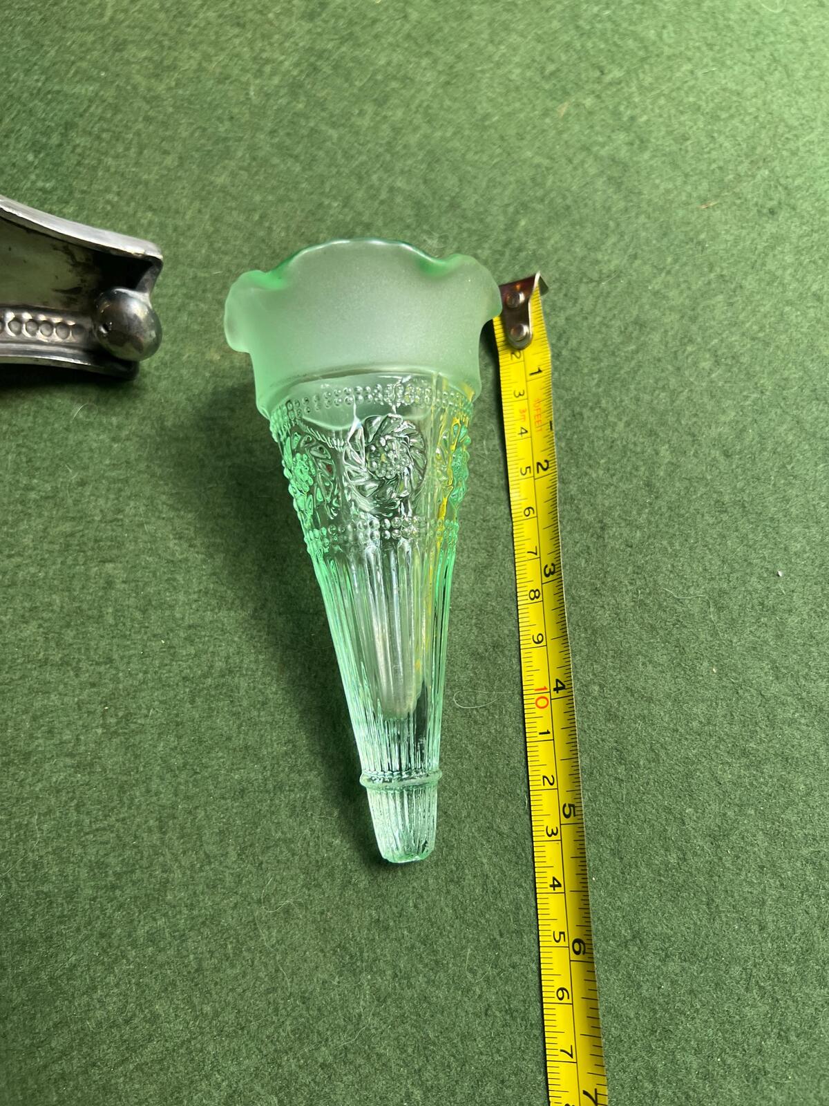 Victorian epergne vase. Green glass on decorative silver plate base. Stamped James Dixon & Sons.