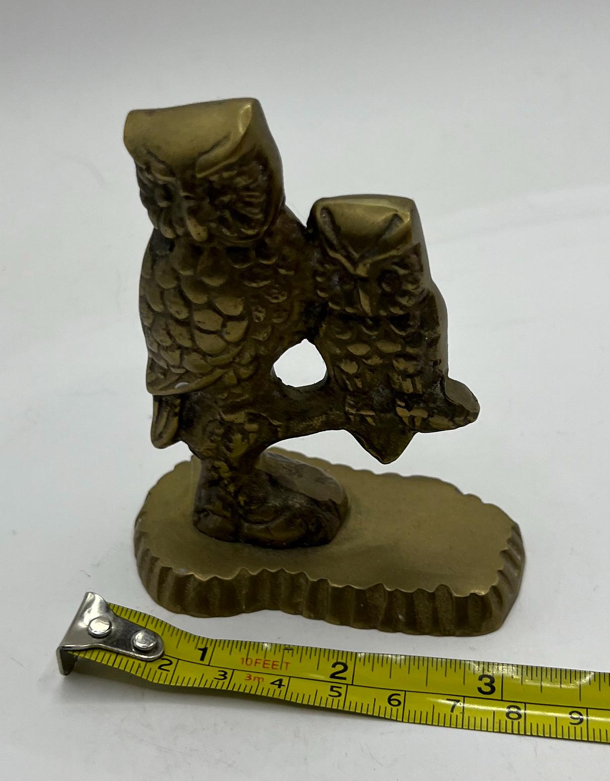 Vintage brass owl mum and baby figurine. Owl family Sitting on a branch.