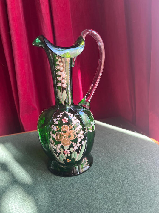 Art Deco Bohemian Green Glass Ewer Jug. Hand painted enamel and gilt floral decor. Art glass collector gift.
