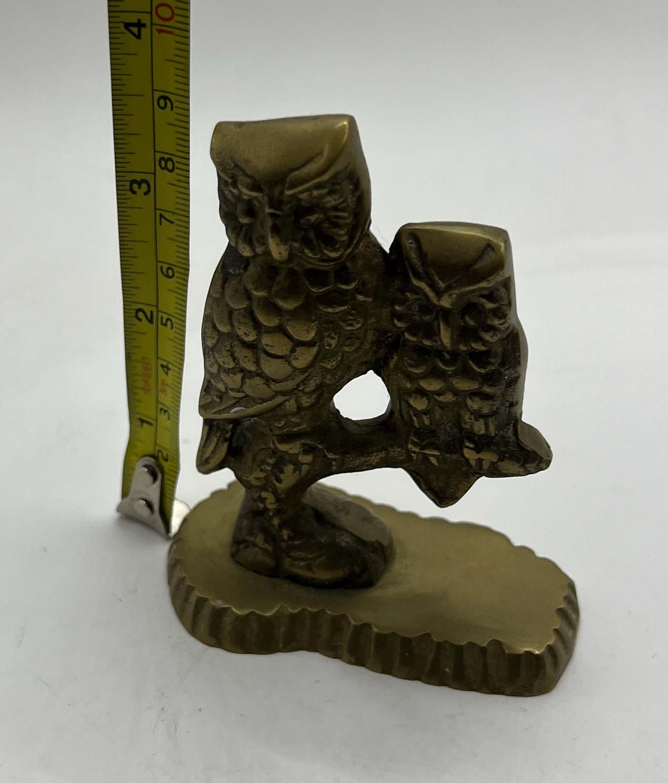 Vintage brass owl mum and baby figurine. Owl family Sitting on a branch.
