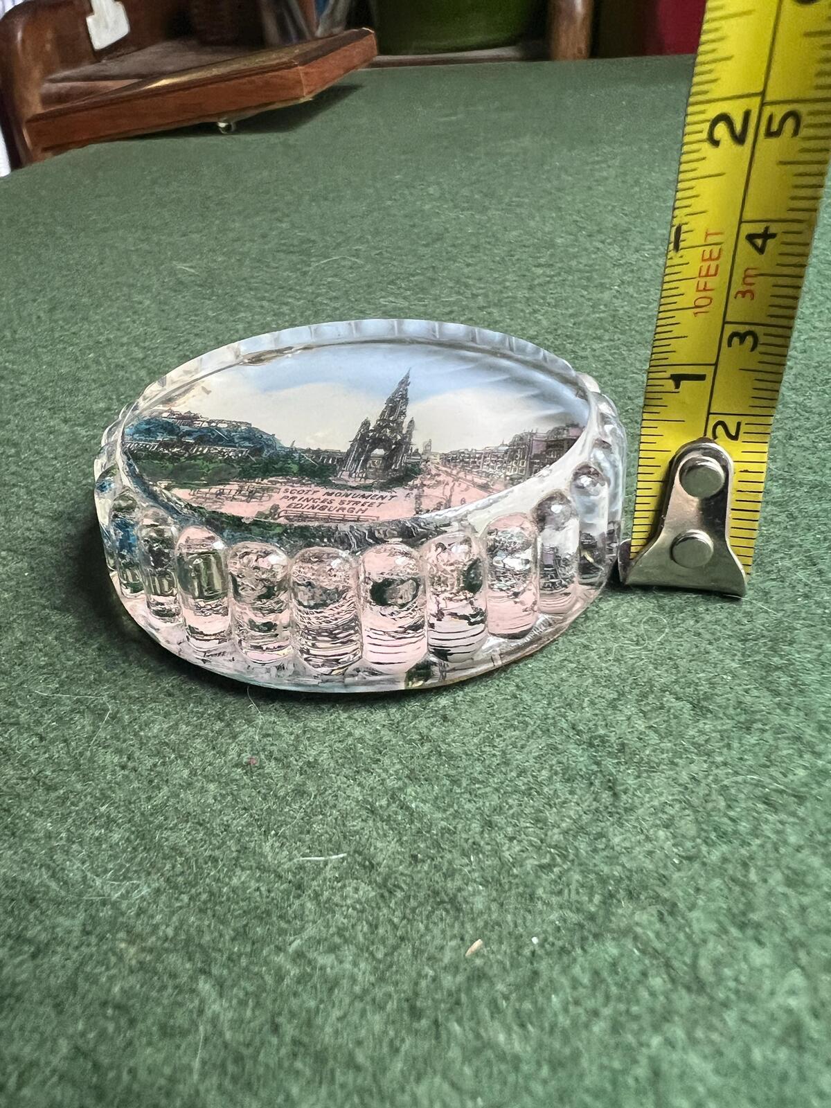 Victorian souvenir paperweight. Photographic Scott Monument Edinburgh scene. Antique home decor lover gift.