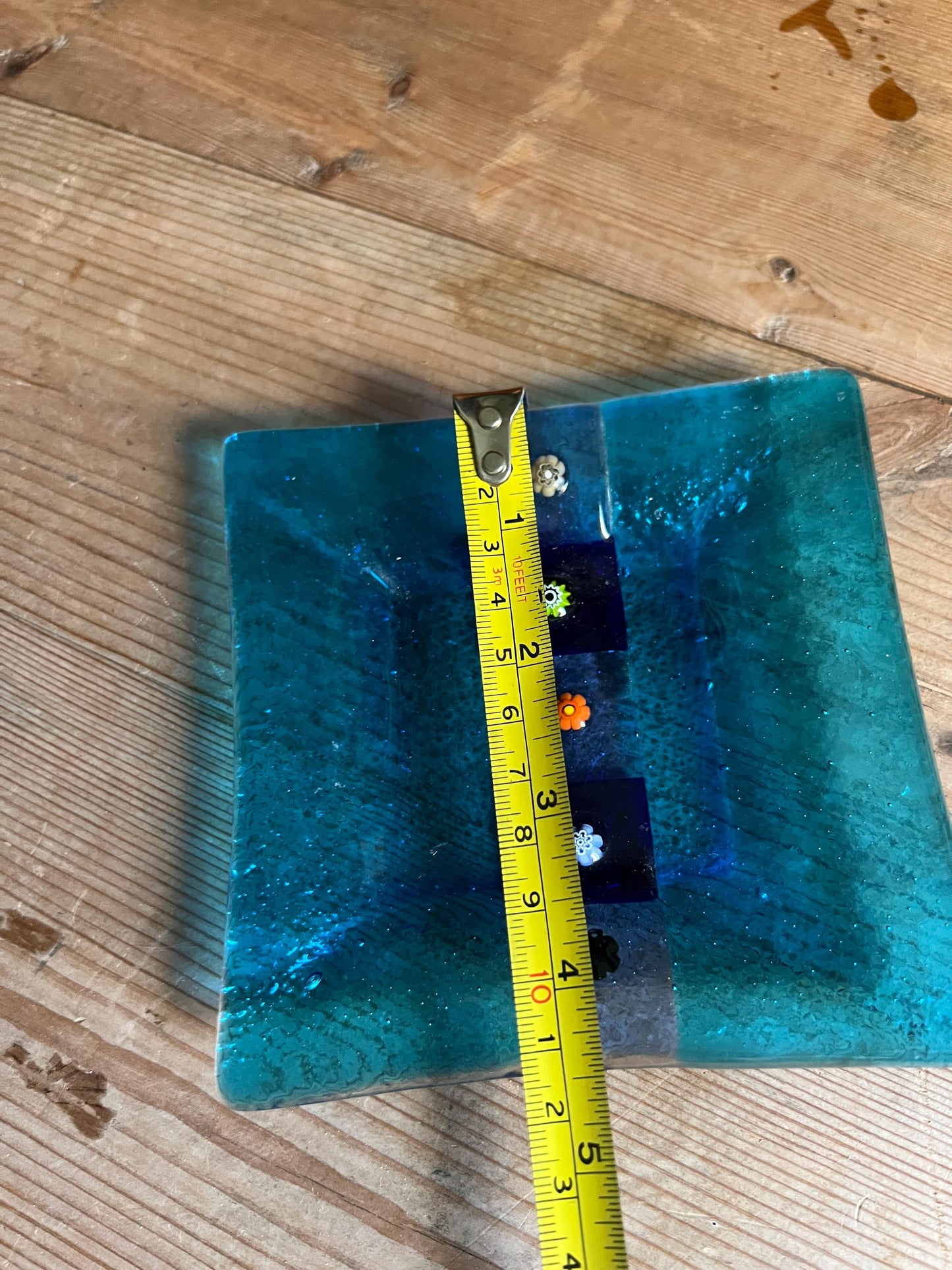 Vintage Murano fused glass trinket dish. Blue glass square plate with millefiori detail.