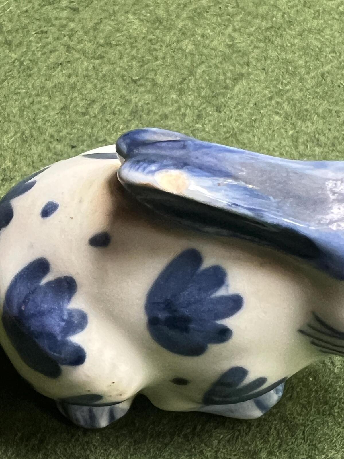Miniature rabbit figurine. Blue white Delft style ceramic bunny.
