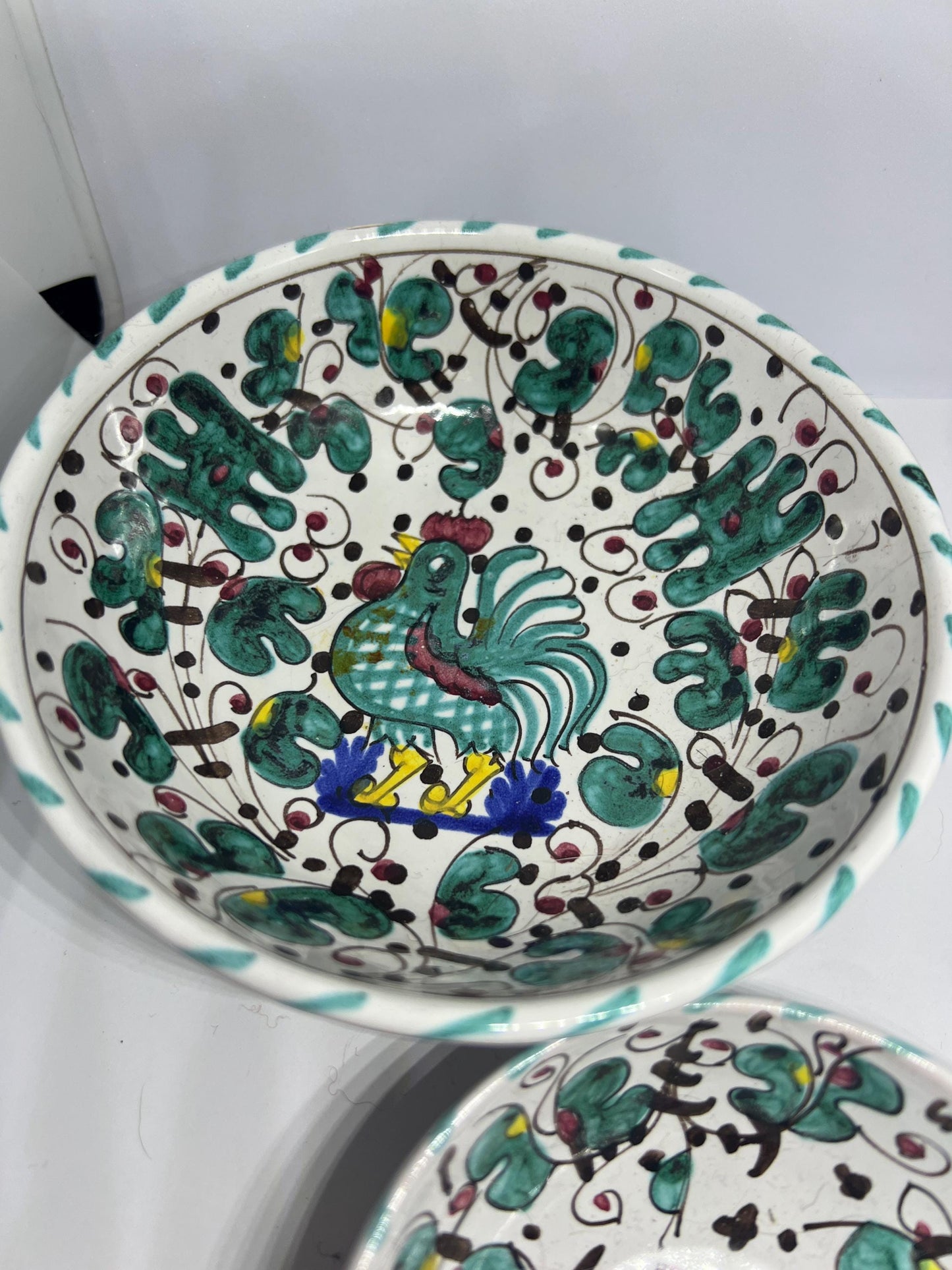 Vintage Italian Olive oil bowl and handled sauce dish. Cockerel Rooster Italian Majolica