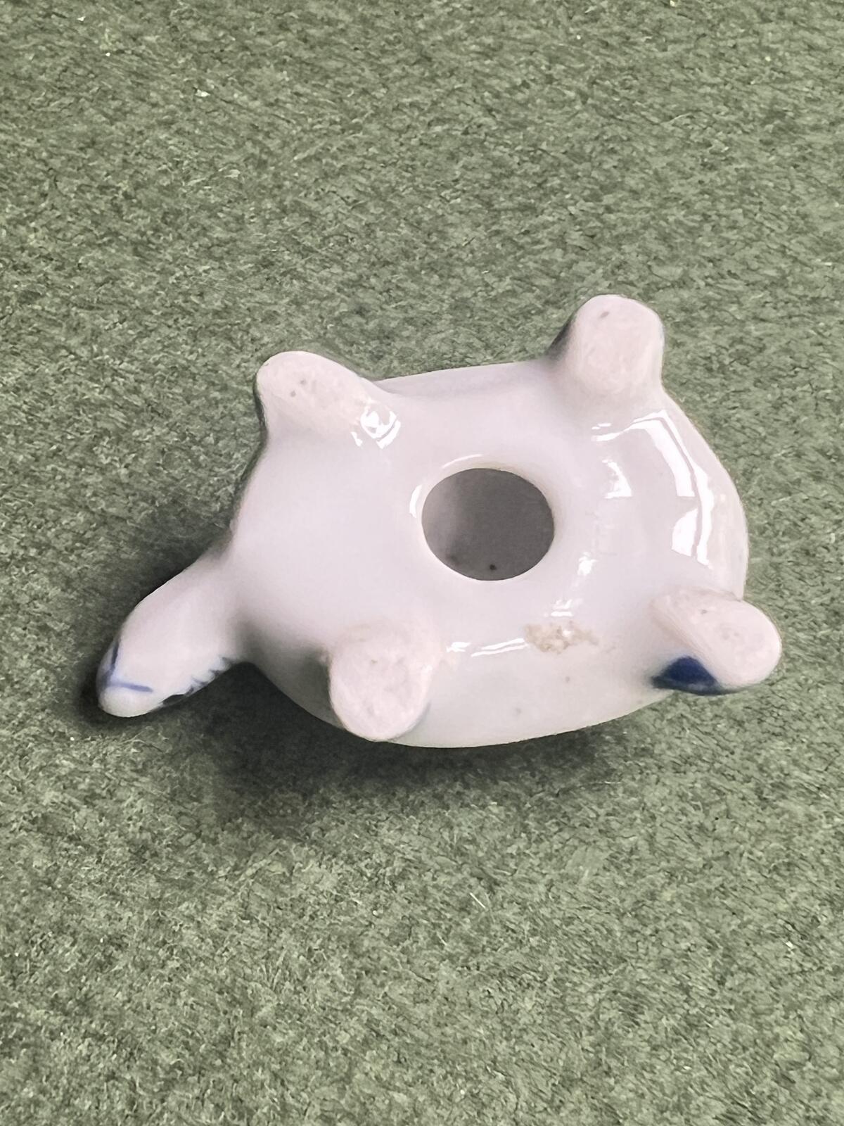 Vintage miniature tortoise figurine. Blue white ceramic hand painted turtle ornament.