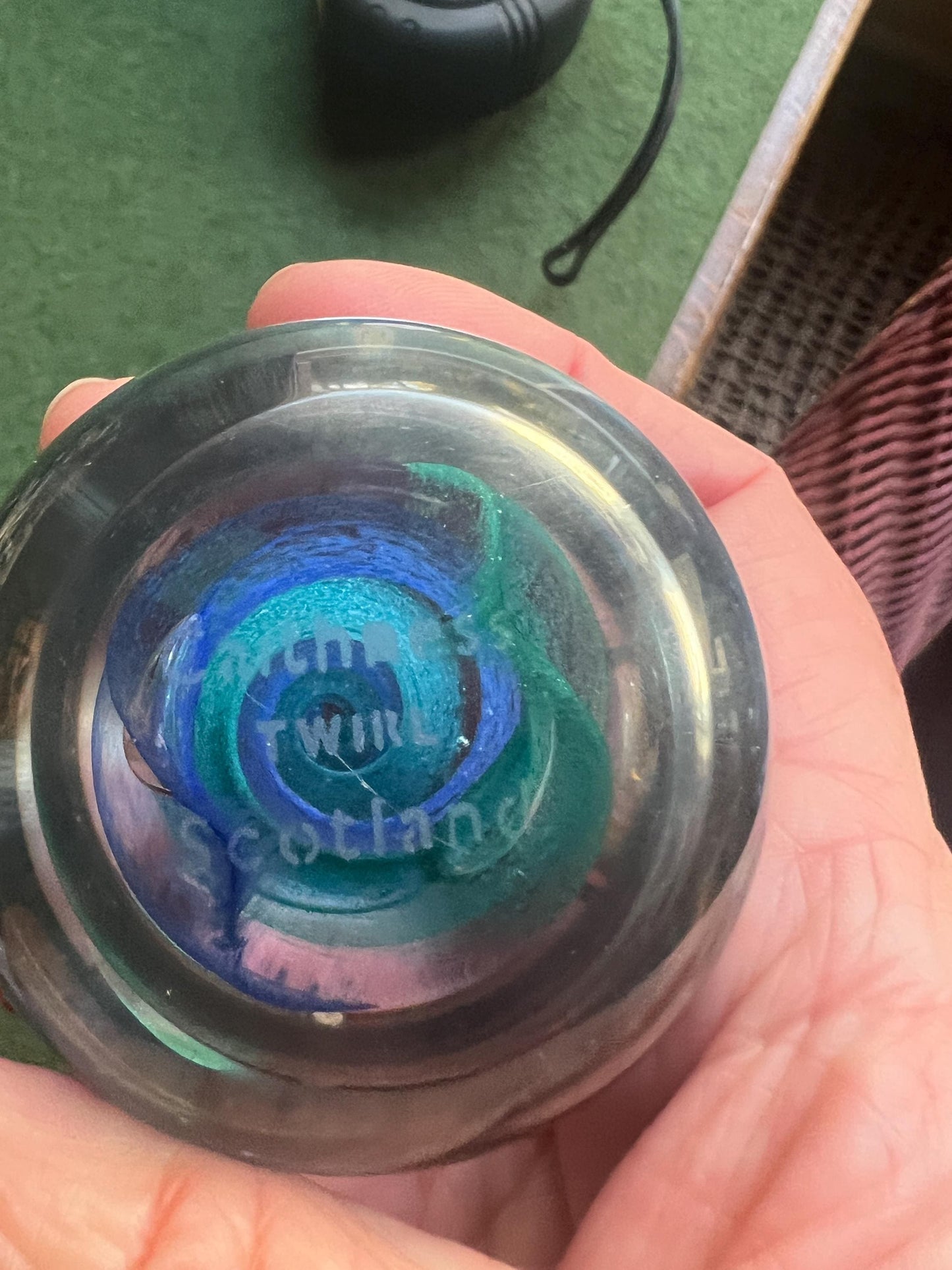 Vintage paperweight. Blue swirl in clear glass. Stamped Twirl Caithness Scotland.