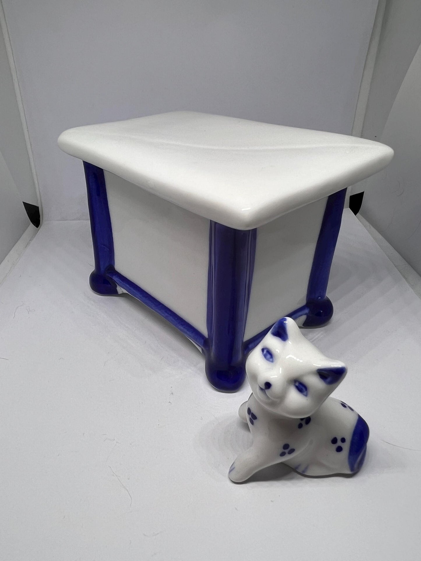 Vintage Gzhel porcelain cat on a table figurine. USSR.