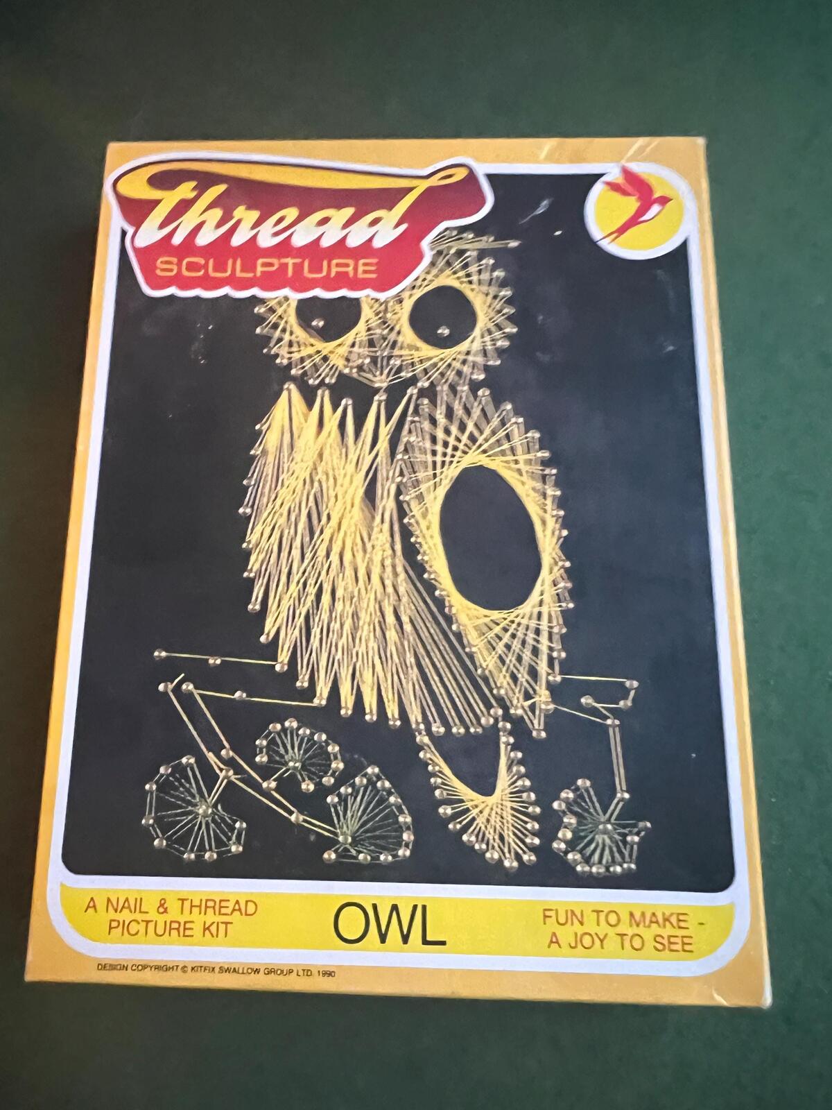Vintage Owl string art kit. 1990s Kitfix Swallow Group Ltd. "Thread Sculpture" nail and thread picture kit.