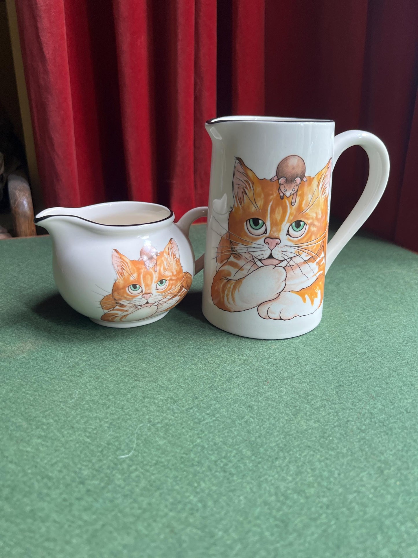 Vintage Arthur Wood milk jug and water jug, Cat and mouse design. Back to front ginger tabby cat with brown mouse. Sold Separately.