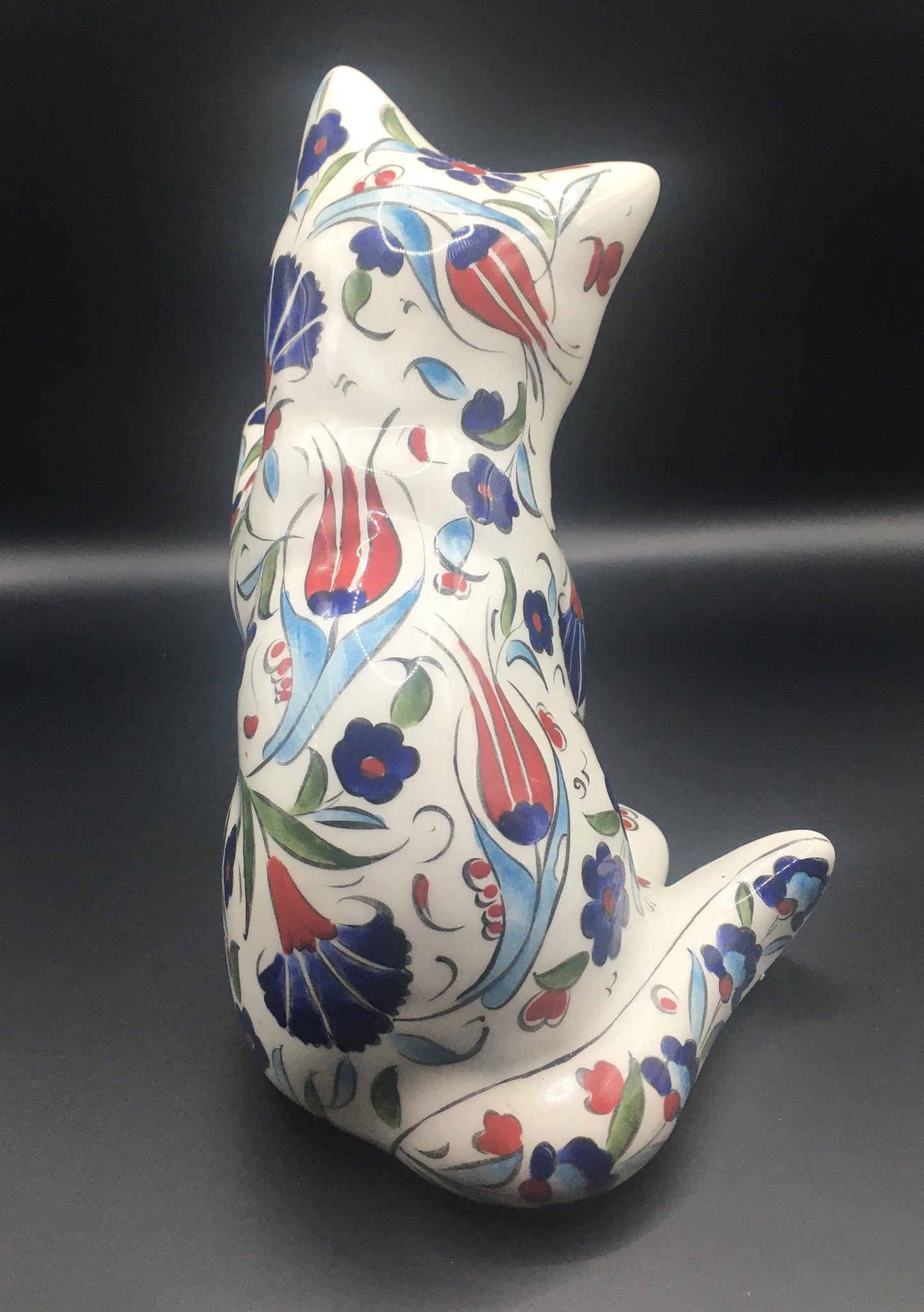 Pair of ceramic hand painted floral playful cat figurines. Signed Hand Made Türkiye.