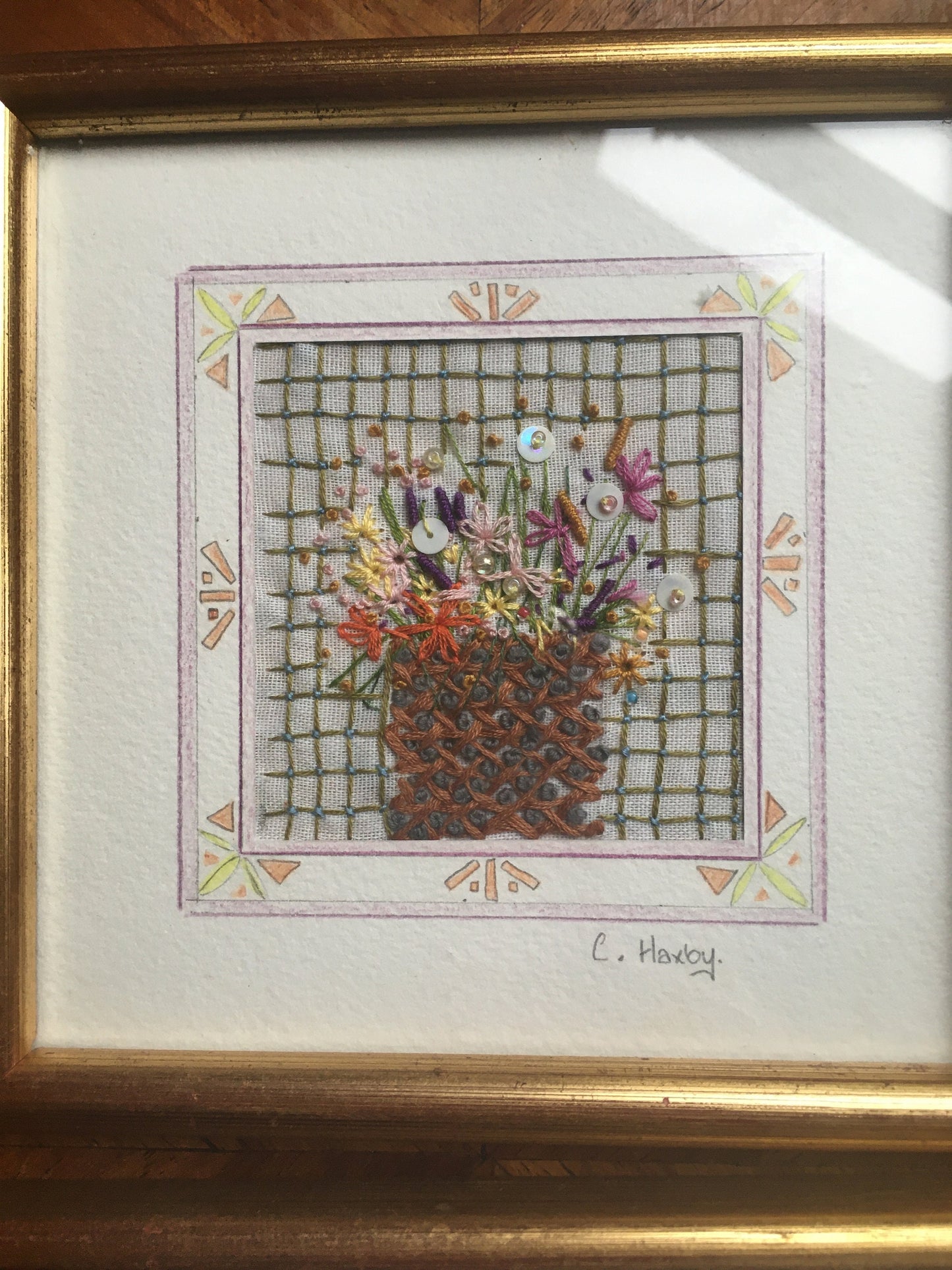 2 Beautiful detailed framed embroidery flower scenes. Signed C Haxby. Portfolio of Yarm.