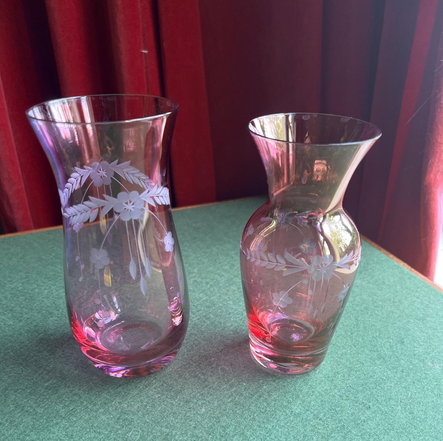 Bohemian Cranberry glass cut to clear decorative posy vase. 2 available.