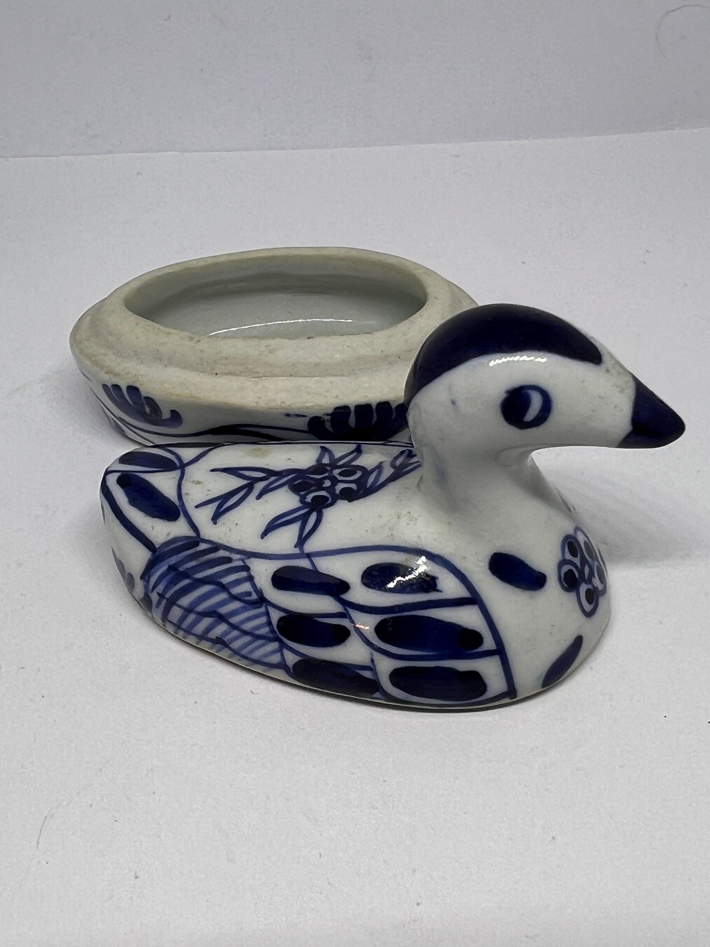 Miniature duck trinket box Blue white ceramic tiny duck.