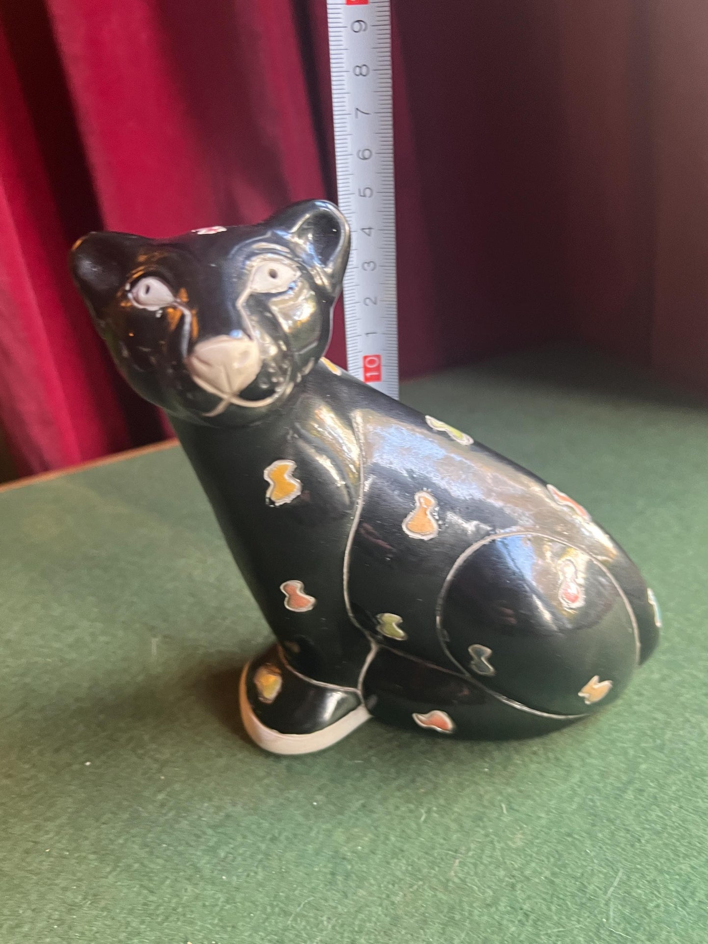 Studio pottery black panther. Hand made signed South African Raku pottery stylised panther figurine.