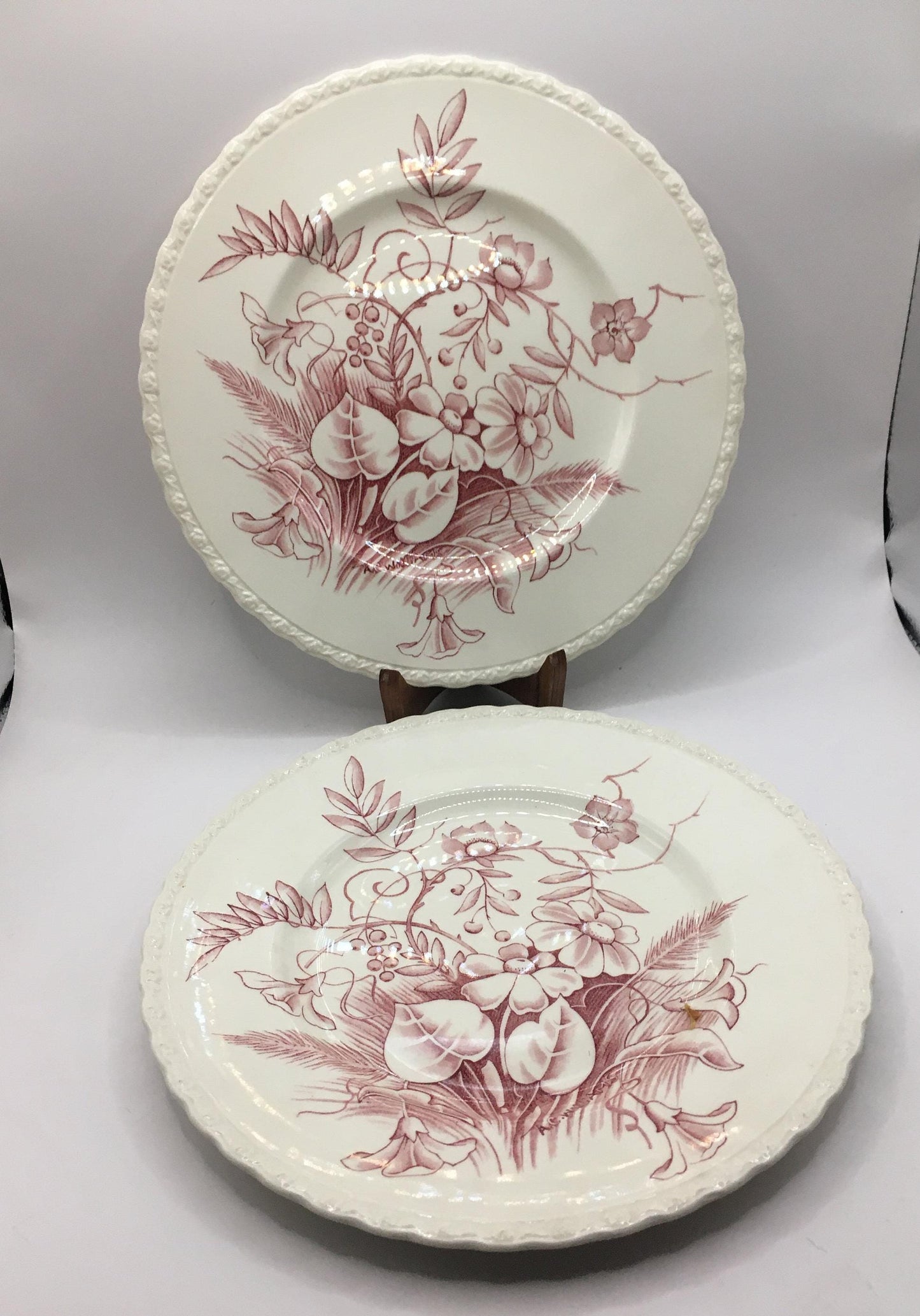 2 side cake plates. Pink floral design. Stamped Myott Son & Co England 590.
