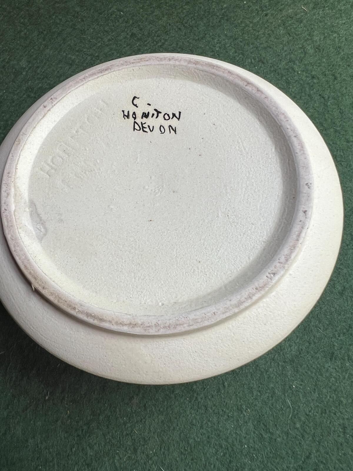 Vintage sugar bowl ceramic Cream glazed Hand painted dish Signed Honiton Devon.