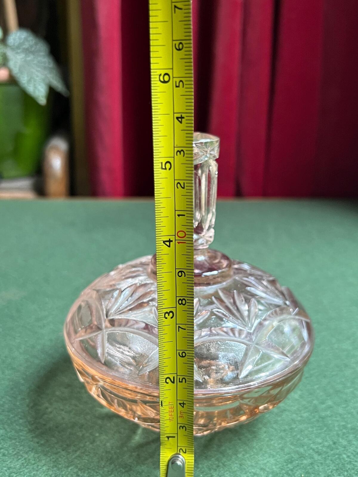 Pink depression glass lidded candy bowl. 1940s Dressing table trinket bowl.