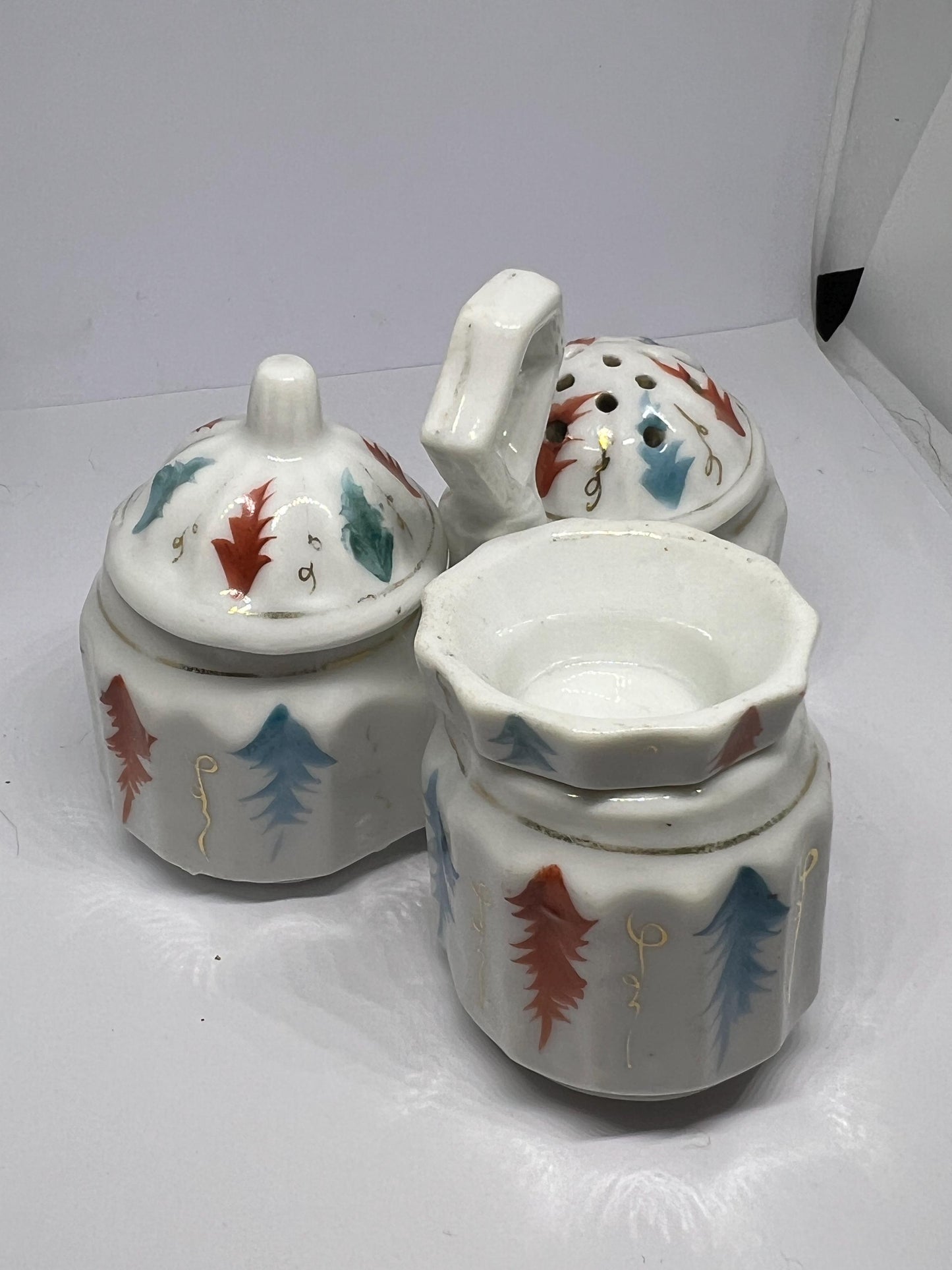 3 part lidded Salt pepper mustard trio.