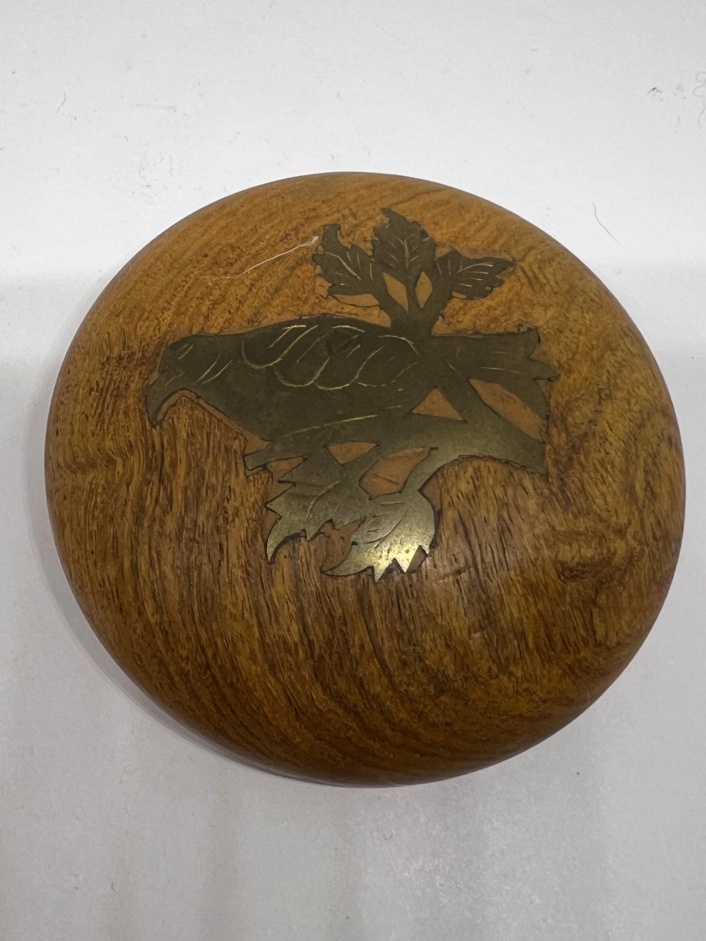 Vintage wooden paperweight Brass inlaid bird on round wood paper weight Folk art brass parrot Made in India Bird lover gift for Home office.