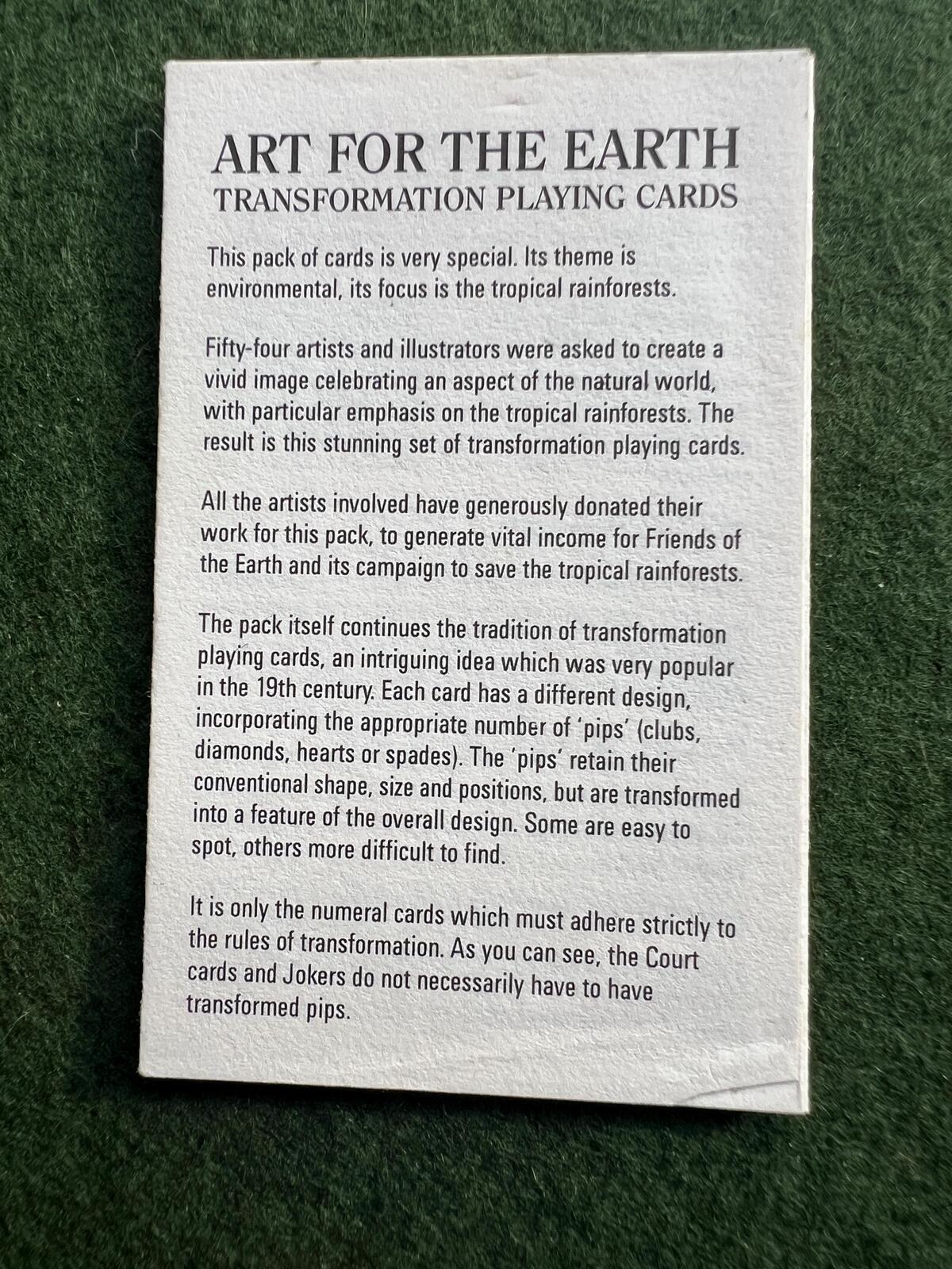 Rare Art For The Earth Playing cards. Friends of the Earth artist illustrated vintage recycled transformation card set.