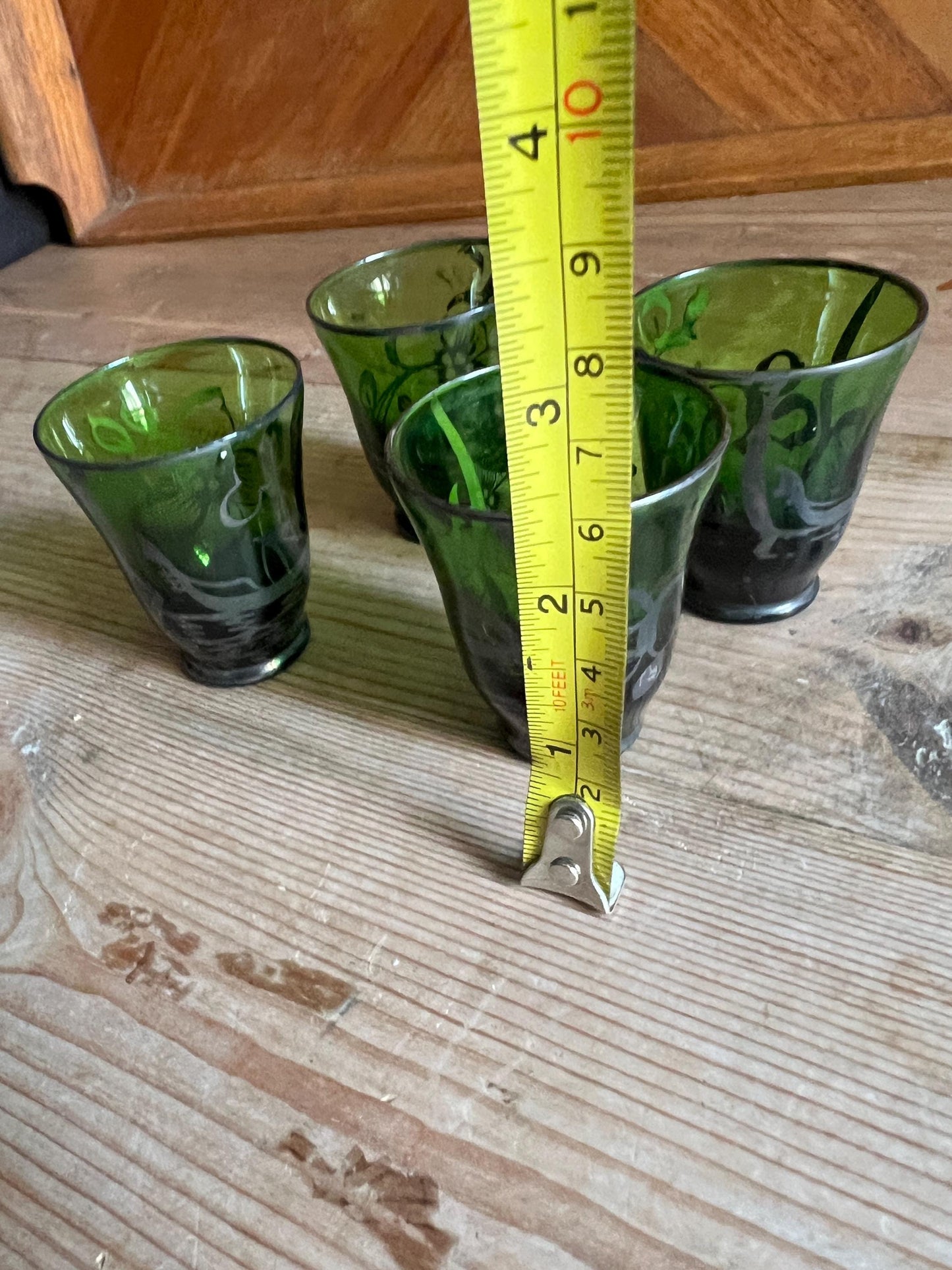 Vintage shot glasses Set 4 emerald green silver overlay port sherry glasses.