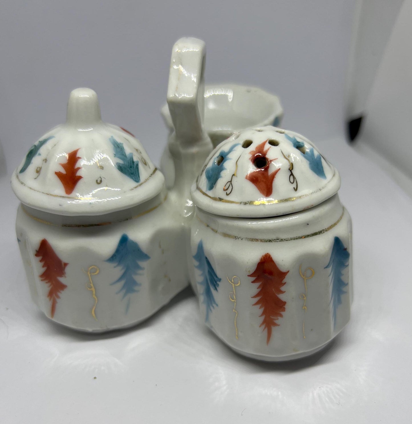 3 part lidded Salt pepper mustard trio.