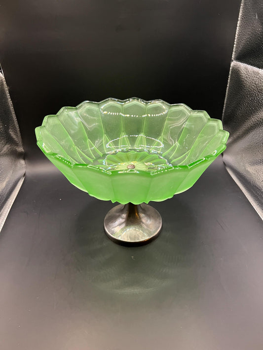 1930s green stretch glass pedestal bowl on silver tone base.