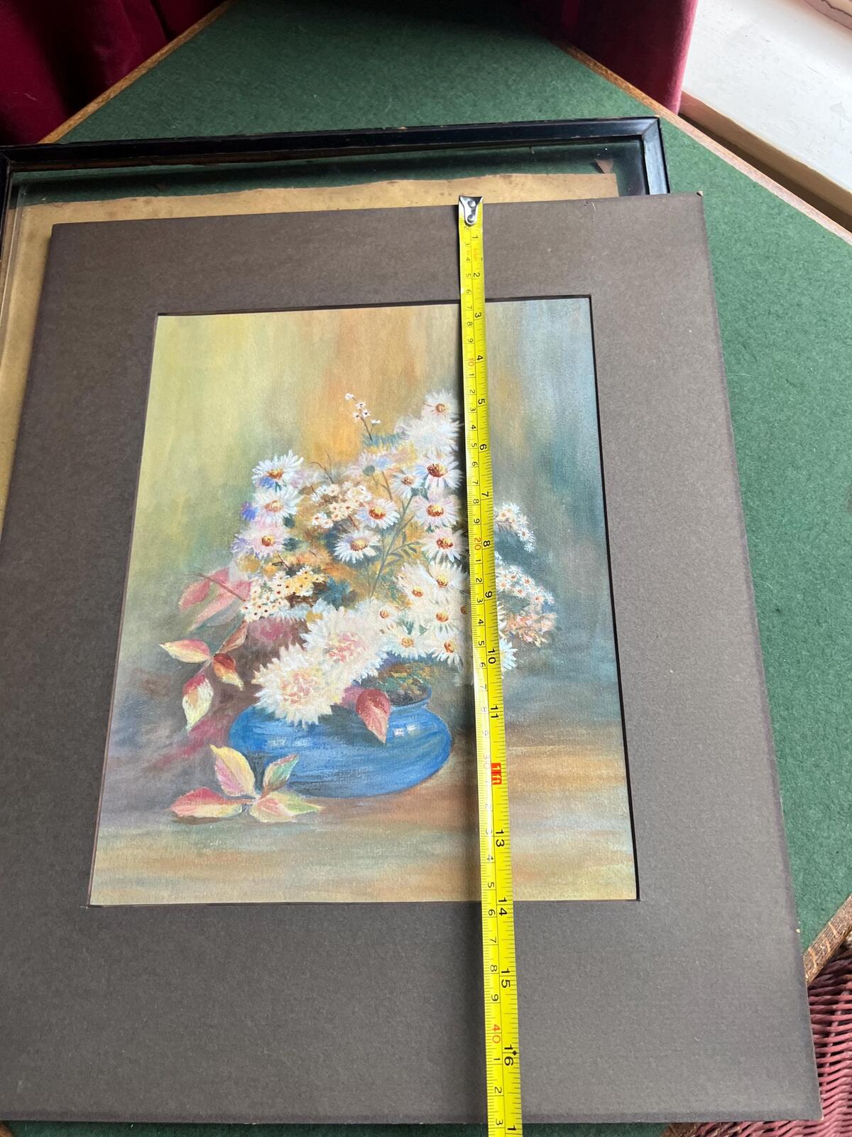 Original 1930s painting Daisies in a blue bowl. Gallery wall decor.