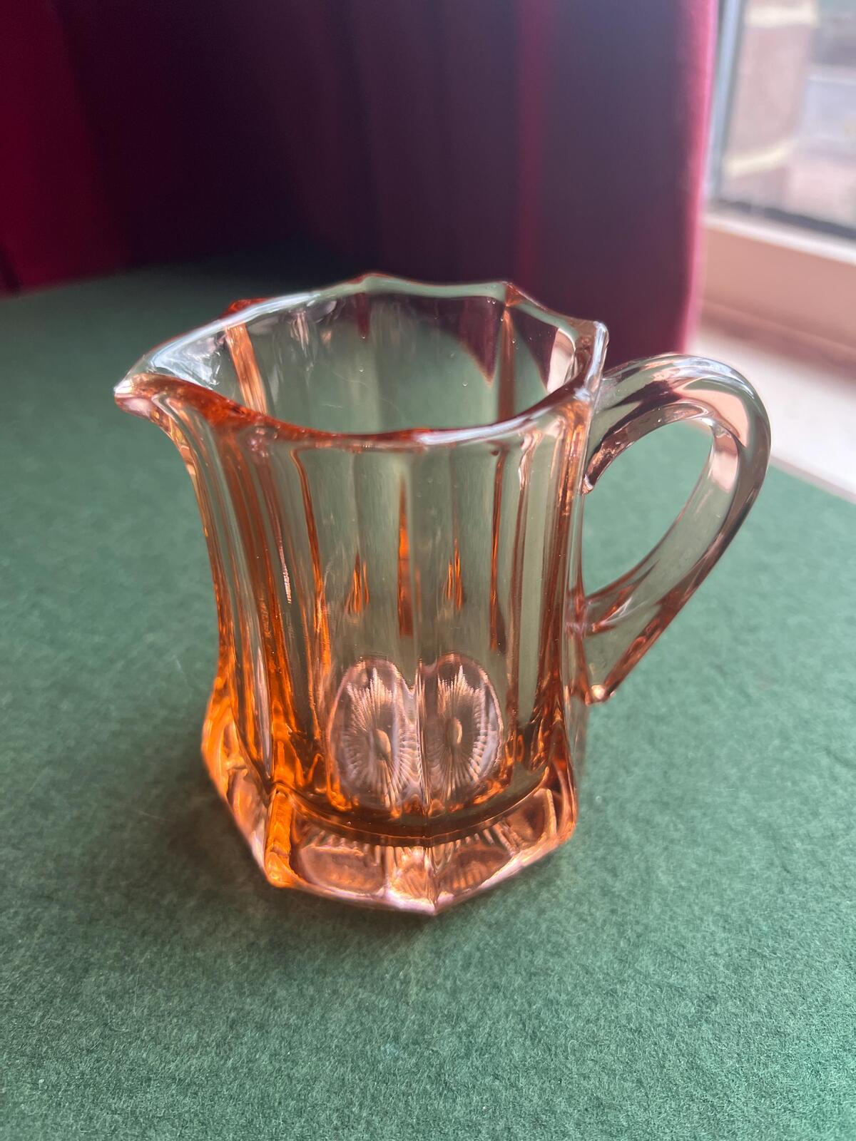 Vintage Art Deco pink depression glass creamer sugar set. Glass collector gift.