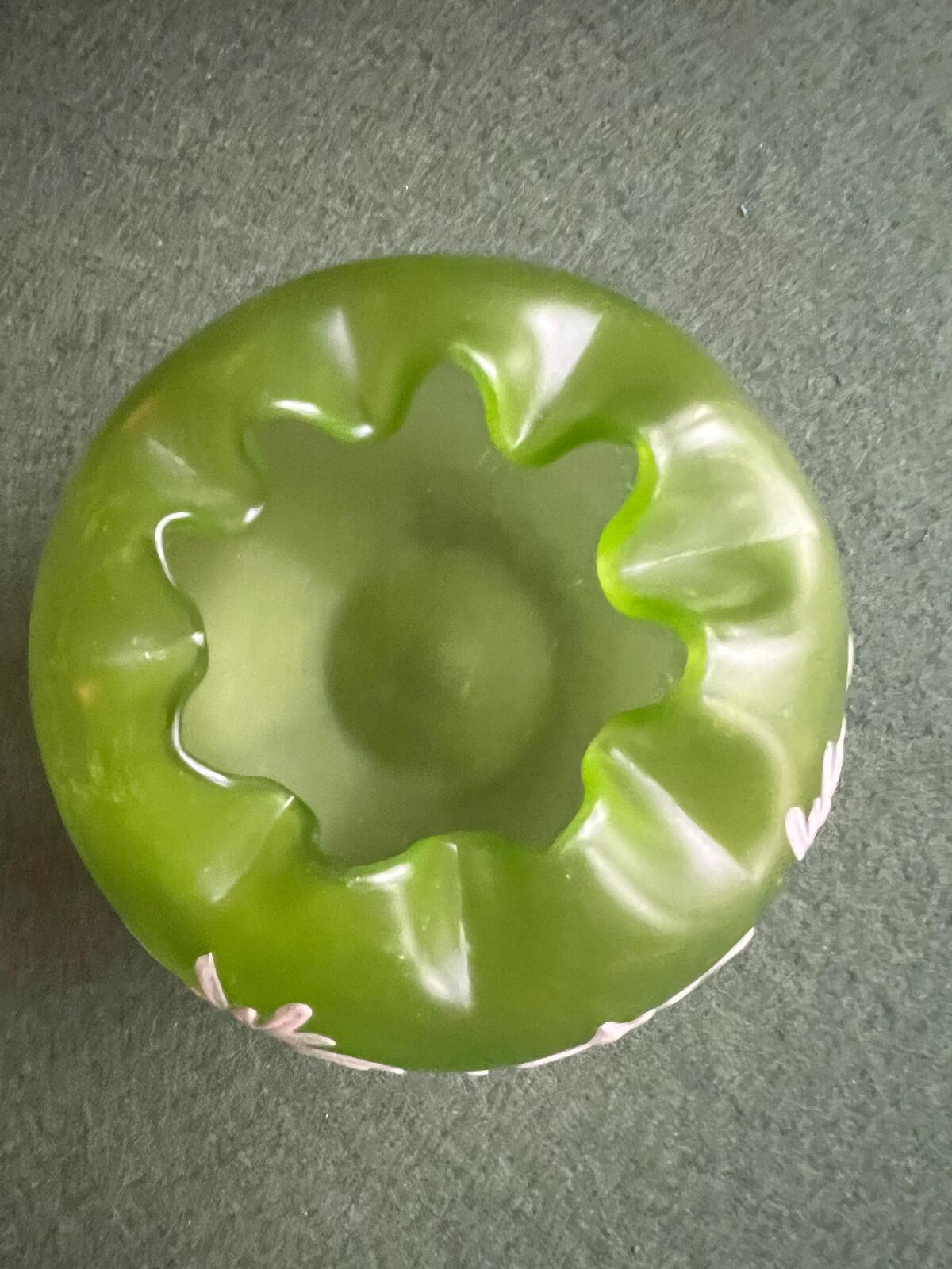 Art Nouveau cameo glass rose bowl. Green satin glass with cream etched floral leaf design.