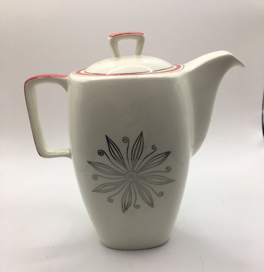Midwinter Stylecraft Vintage coffee pot. White ceramic tea pot with black flower design and  red details. MCM decor hot chocolate pot.