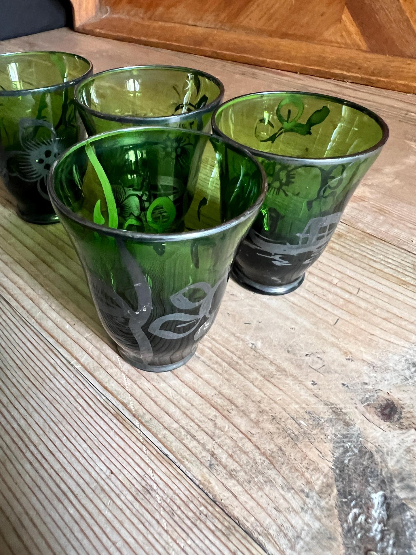 Vintage shot glasses Set 4 emerald green silver overlay port sherry glasses.