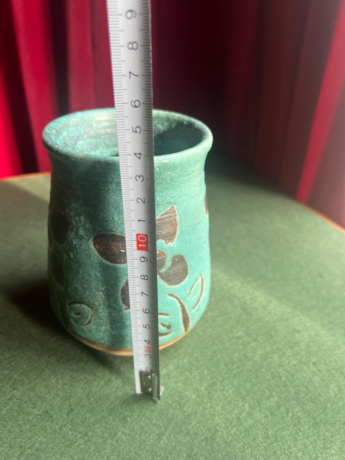 Studio Pottery Stoneware Vase Utensil holder. Floral design on blue textured glaze.