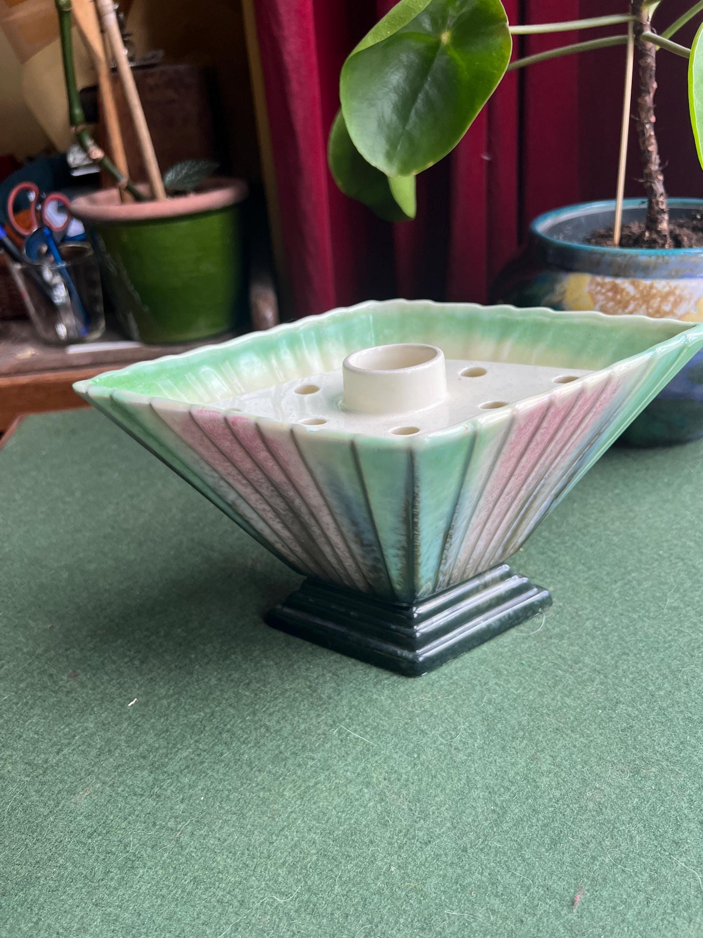 Art Deco Sylvac diamond vase with flower frog. Pink green glazed Stamped 898