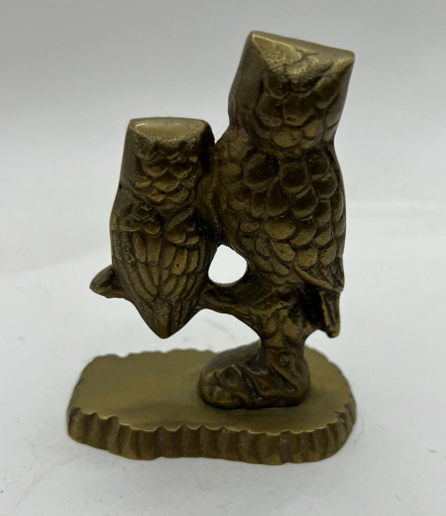 Vintage brass owl mum and baby figurine. Owl family Sitting on a branch.