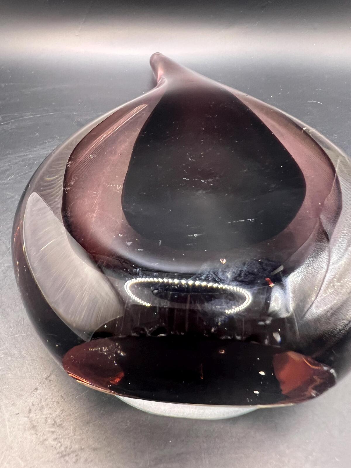 Murano style teardrop paperweight. Sommerso technique Purple and clear glass Vintage MCM sculpture