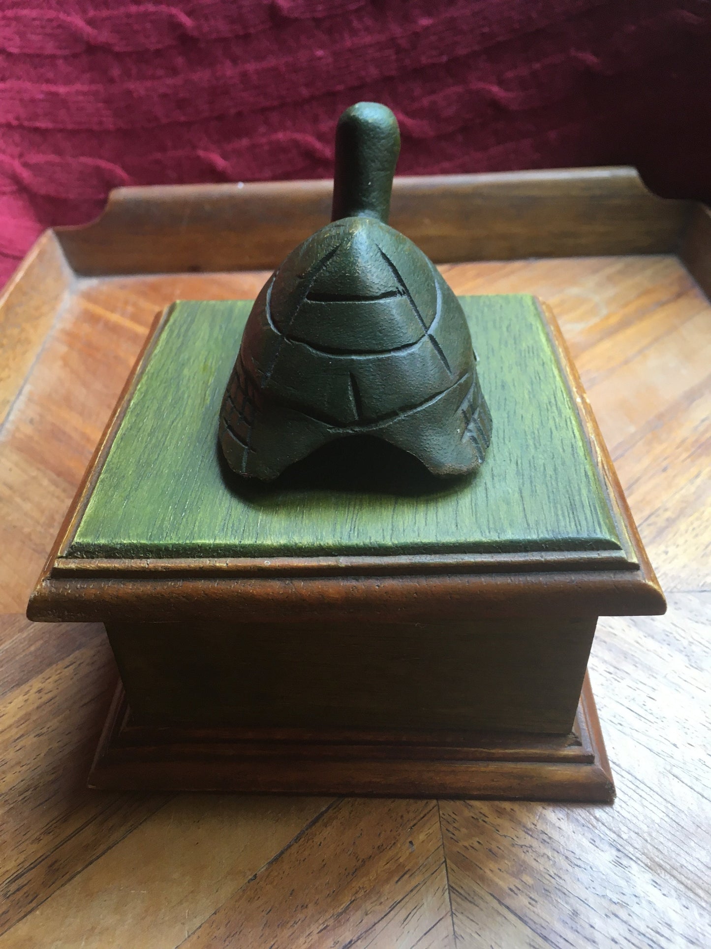 Hand-carved tortoise-lidded square wooden box. Made in Thailand.