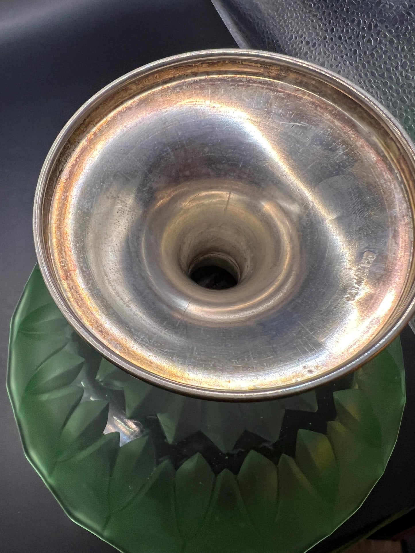 1930s green stretch glass pedestal bowl on silver tone base.