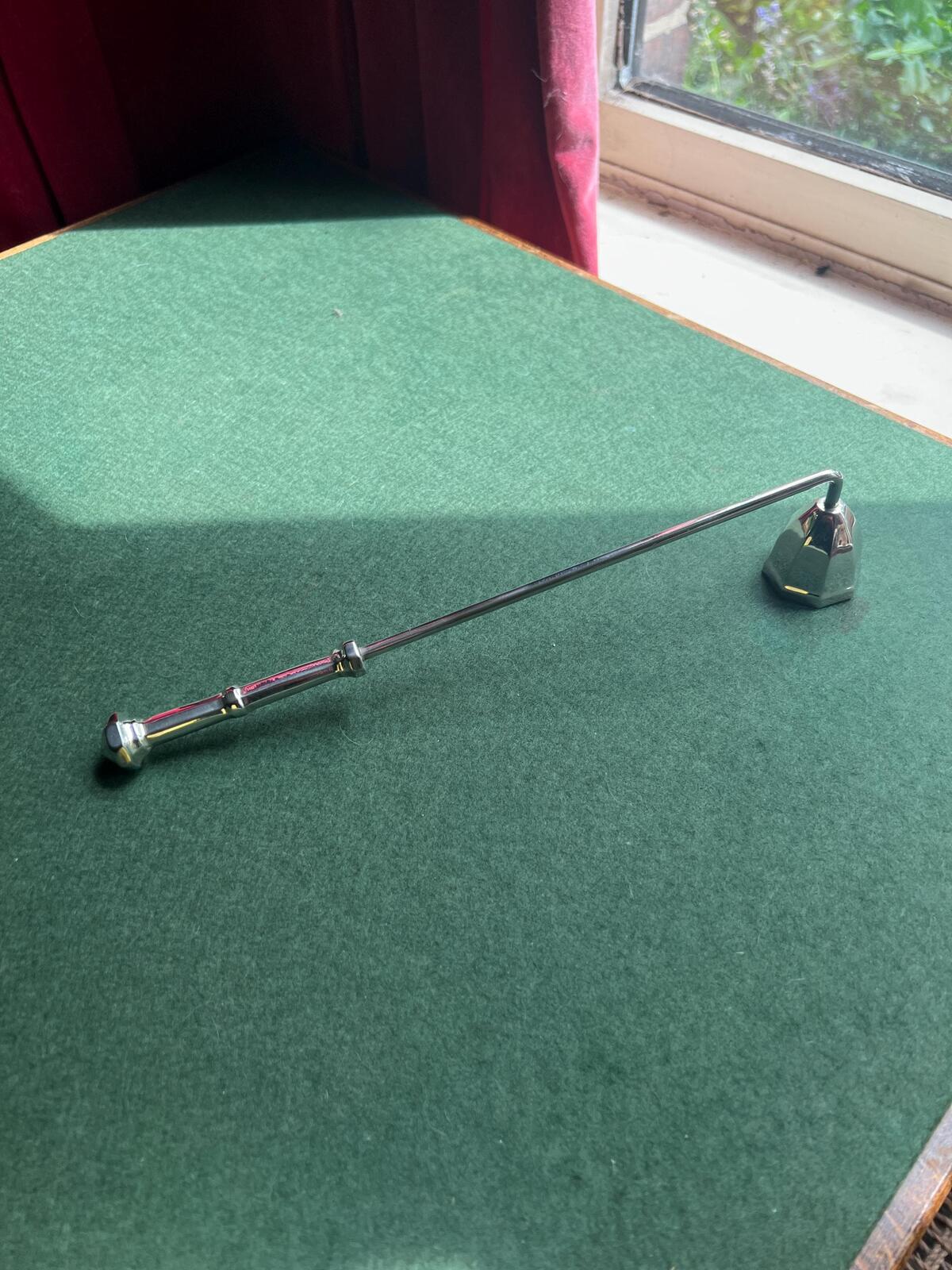 Vintage chrome silver metal candle snuffer. Stainless steel candle extinguisher.