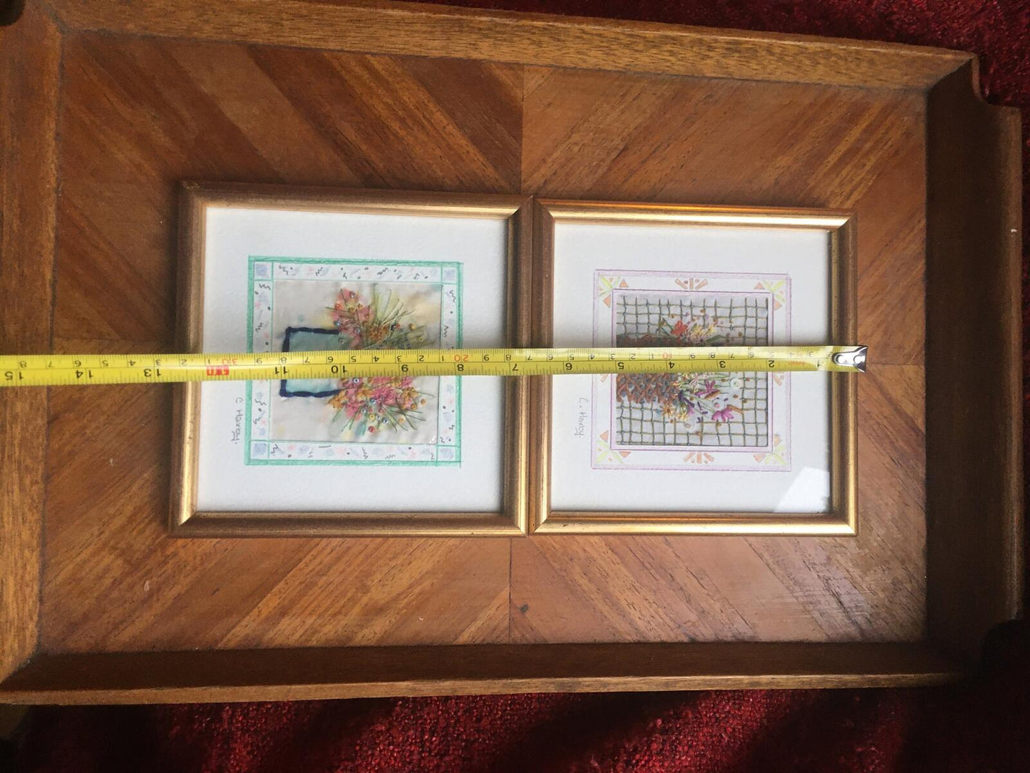 2 Beautiful detailed framed embroidery flower scenes. Textile art wildflowers.