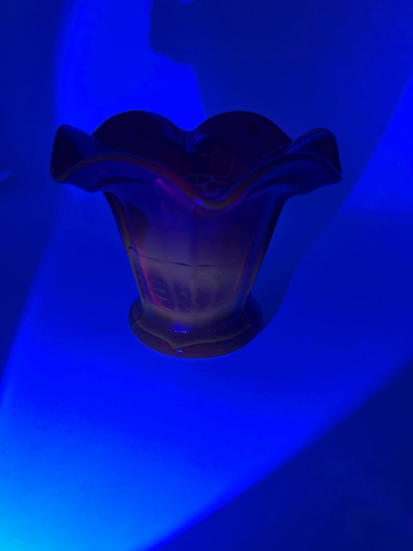 Art Deco style red glass posy vase with original clear glass flower frog. UV reactive.