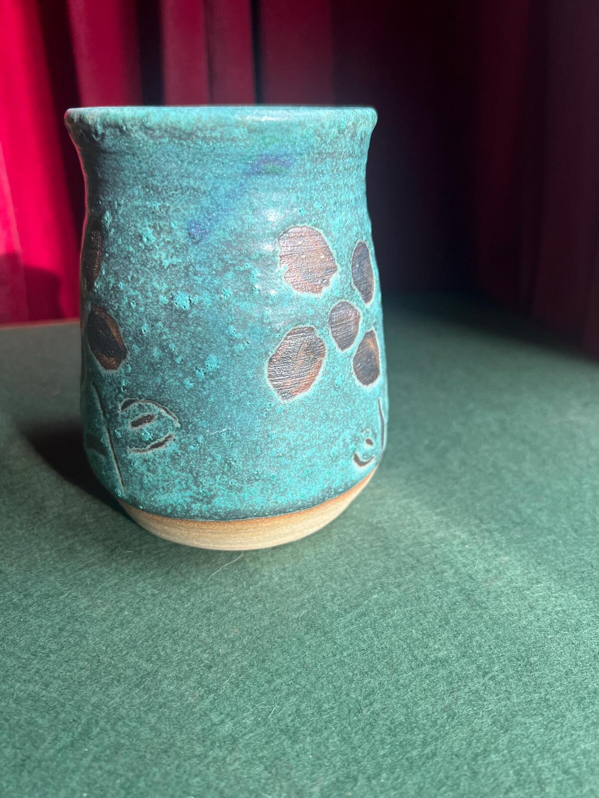 Studio Pottery Stoneware Vase Utensil holder. Floral design on blue textured glaze.