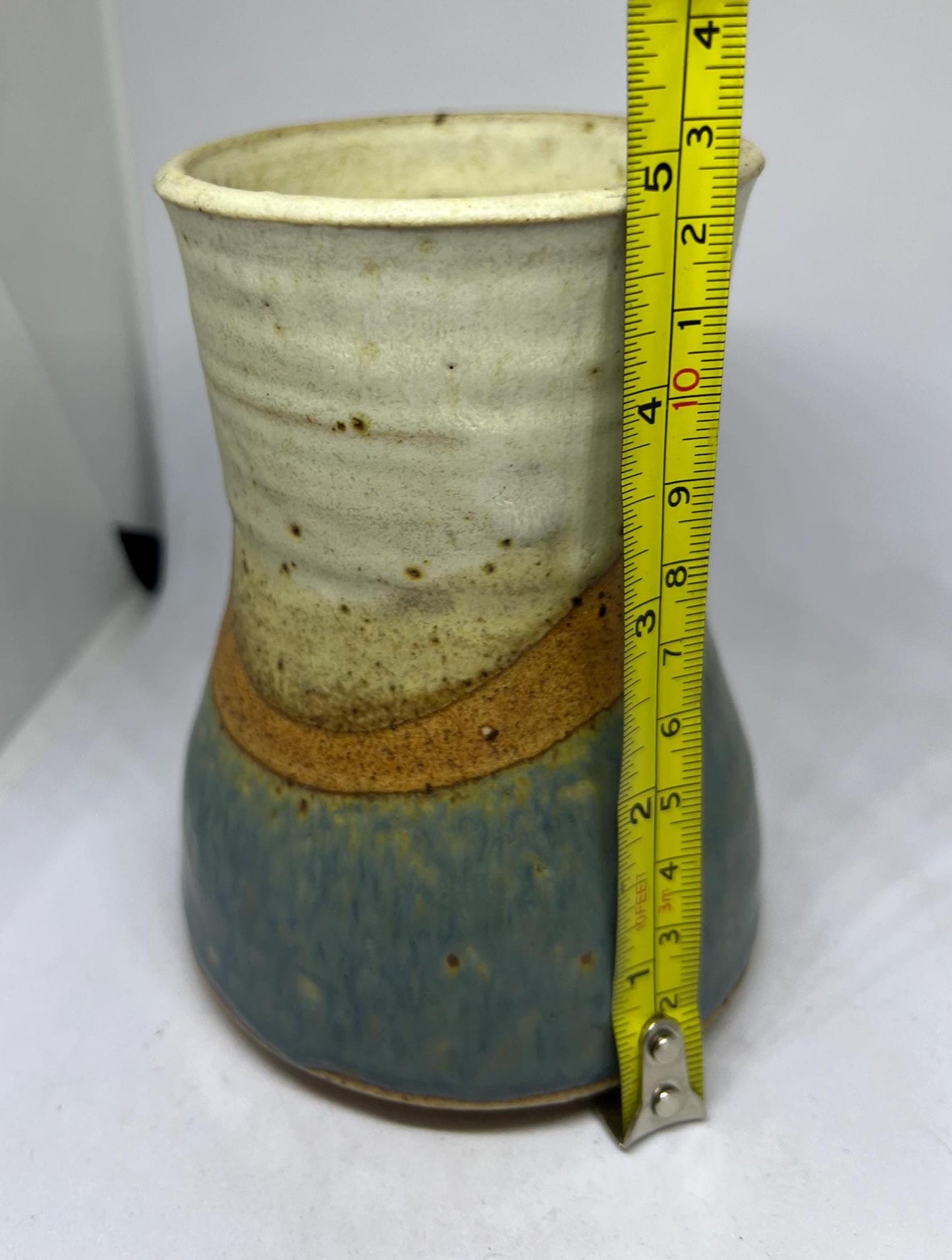 Studio pottery Blue brown speckled glaze flower vase.