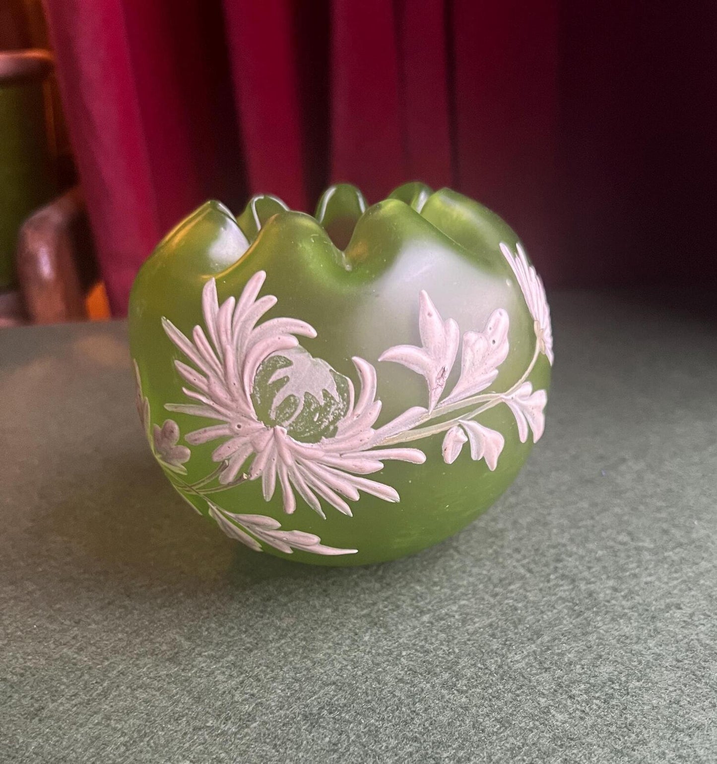 Art Nouveau cameo glass rose bowl. Green satin glass with cream etched floral leaf design.