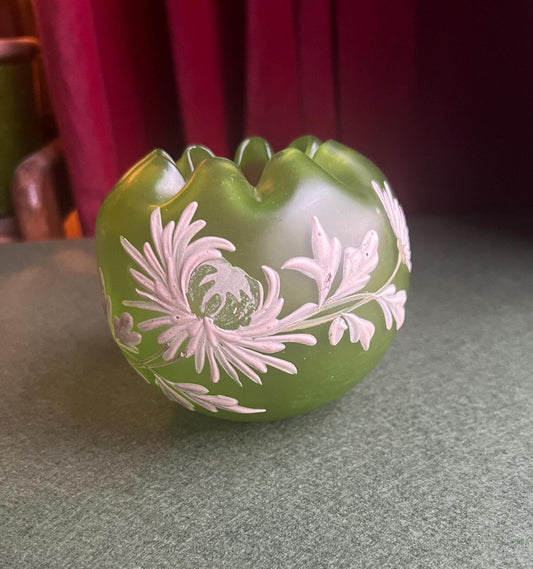 Art Nouveau cameo glass rose bowl. Green satin glass with cream etched floral leaf design.