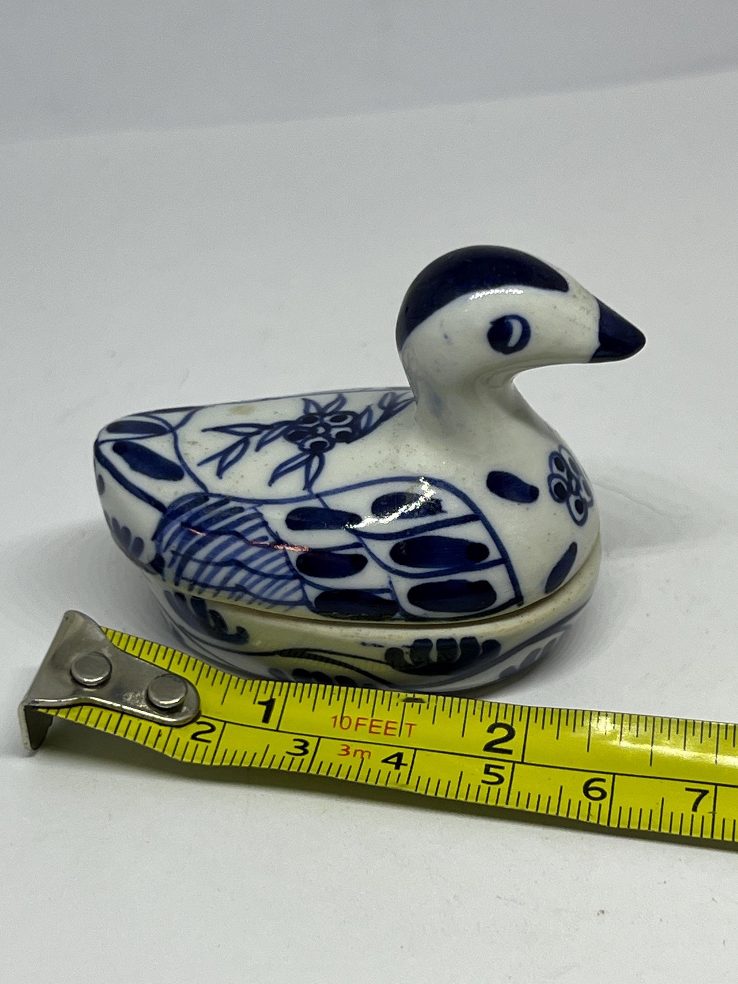 Miniature duck trinket box Blue white ceramic tiny duck.